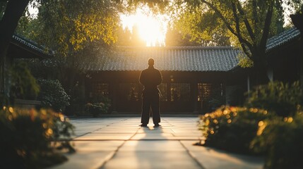 Silhouette of a Person Practicing Martial Arts at Sunrise