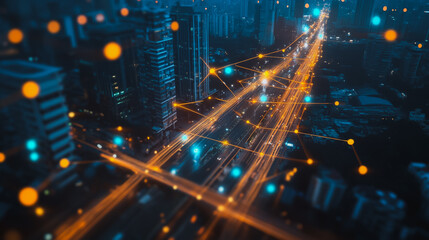 Fototapeta premium Smart digital city with connection cyber security network reciprocity over the cityscape . future smart wireless digital city and social media networking systems that connects people within the city