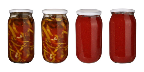 Jars of pickled peppers and canned tomatoes for the winter, isolated background.