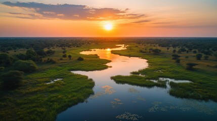 Serene Aerial View of River and Sunset Landscape