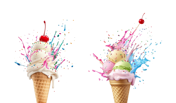 Ice cream scoops with colorful splashes and sprinkles isolated on white background sweet frozen dessert food summer refreshing treat multiple flavors vanilla strawberry and pistachio refreshing