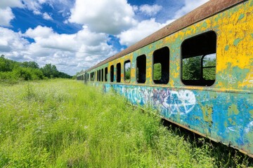 Obraz premium Abandoned Train Car Enveloped by Vibrant Wildflowers Under a Bright Blue Sky