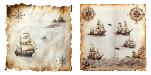 Old nautical maps with sailboats compass rose and islands antique pirate adventures navigation charts isolated on white background
