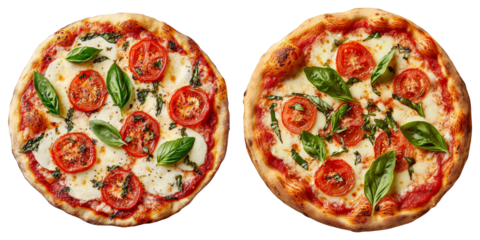 Classic Italian Neapolitan Margherita Pizzas with Tomato Sauce Mozzarella Cheese and Basil Leaves Isolated on White Background Top View Fast Food Restaurant Menu Item Dinner Lunch Meal Italian