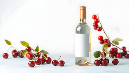 Bottle of white wine mockup with blank label and cherry berries isolated with white highlights, png