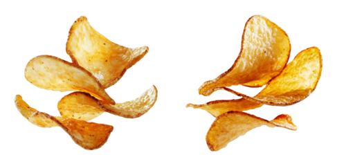 Flying potato chips isolated on white background crispy potato chips junk food unhealthy food fast food snacks group of potato chips falling potato chips potato chips in the air levitating potato