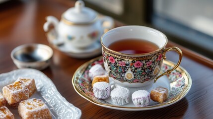 On a saucer, there is a cup of tea placed near a plate of cookies