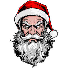 Scary horror santa claus head, killer santa claus for horror scary christmas funny cartoon. Bad santa claus character portrait from the front illustration graphic