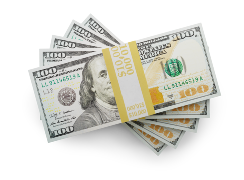 Fifty Thousand Dollars Stack of One Hundred Dollar Bills Isolated. Transparent PNG.