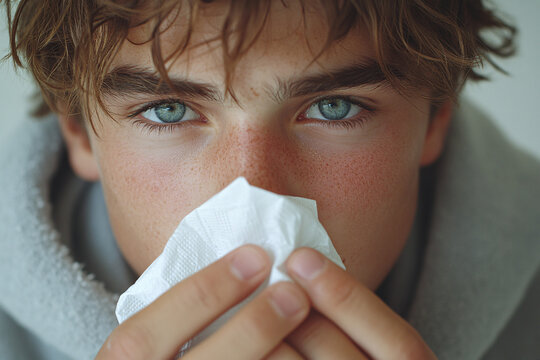 A distressed young man with a tissue conveys illness or allergy discomfort, ideal for health awareness campaigns, wellness blogs, or personal care advertisements. - Powered by Adobe