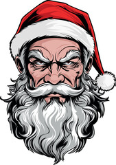Scary horror santa claus head, killer santa claus for horror scary christmas funny cartoon. Bad santa claus character portrait from the front illustration graphic