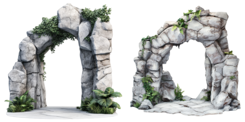 Stone arch with plants and cracked stone arch isolated on white background ancient entrance overgrown archway ruin stone arch rock formation fantasy arch with plants ancient ruins stone archway