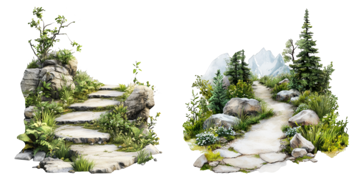 Stone steps path and winding dirt road with rocks trees grass and flowers isolated on white background ideal for photo manipulations fantasy landscape elements digital painting
