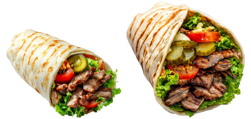 Doner Kebab Gyros Shawarma beef or chicken grilled meat lettuce tomato cucumber pickles and Greek yogurt sauce tortilla wrap variations isolated on white background fast food menu