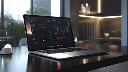 A sleek laptop rests on a modern desk, its screen displaying a data dashboard. The laptop's metallic finish reflects the surrounding light, creating a professional and minimalist aesthetic.
