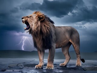 Obraz premium Lion with powerful stance in savanna