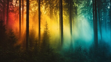 Serene Misty Forest with Tall Trees at Dawn