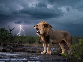 Lion standing under stormy clouds