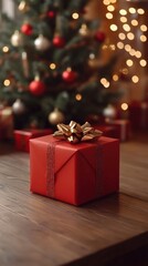 Obraz premium Festively wrapped red gift box under a beautifully decorated Christmas tree