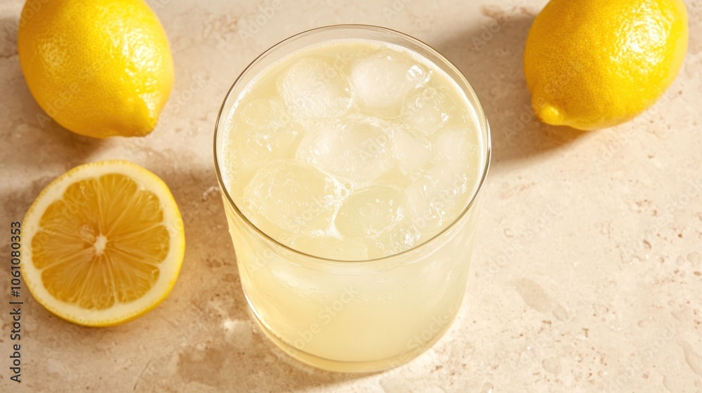 Poster glass of lemonade with ice and lemon slices on a light beige background