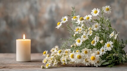 Serene Daisy Bouquet and Glowing Candle on Rustic Wooden Table