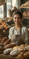 Young baker smiles behind a display of fresh bread in a bakery