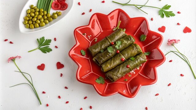 Sarmi on red flower-shaped plate - ideal for Mediterranean cuisine blogs, recipe websites, Valentine's Day menus, or healthy eating presentations