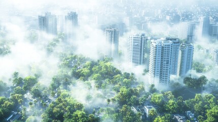 Misty Urban Landscape with Towering Skyscrapers and Lush Greenery