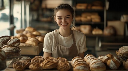 Baker smiling proudly behind a display of freshly baked bread in a bakery