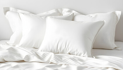 Two white pillows in striped cotton pillowcases. Satin jacquard bedding and accessories. Air soft pillows filled with swan down and bamboo isolated with white highlights, png