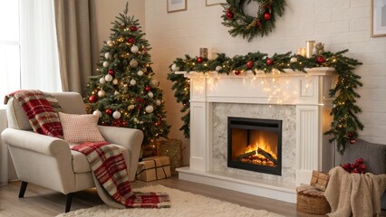 Warm cozy fireplace decorated for Christmas with real wood burning in it. Cozy Christmas concept. Christmas background with space for your text.