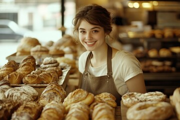 Young woman smiles at bakery filled with fresh pastries and bread