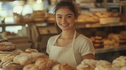 Warm bakery setting with a smiling young woman surrounded by fresh bread