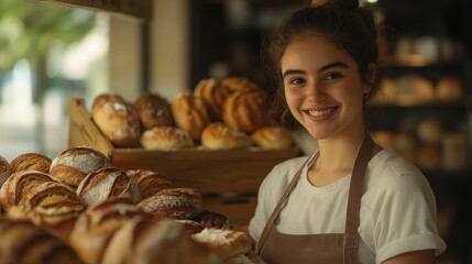 Young baker smiles while showcasing freshly baked goods in a cozy bakery