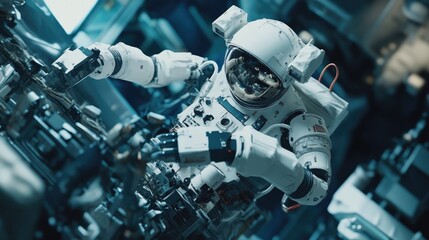 Fototapeta premium An astronaut in a white spacesuit operates machinery in a futuristic spaceship.