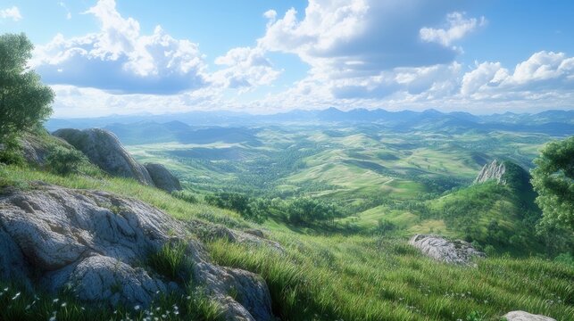 A panoramic view of rolling green hills and mountains under a clear blue sky.