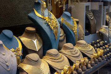 Gold jewelry display from jewelry store window.
Gold Jewelry at the Grand Bazaar