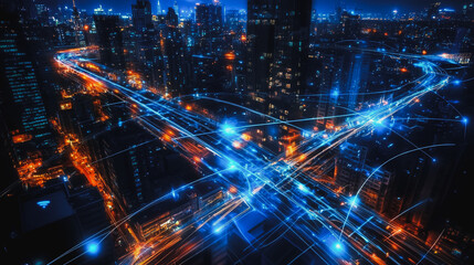 Obraz premium Smart digital city with connection cyber security network reciprocity over the cityscape . future smart wireless digital city and social media networking systems that connects people within the city