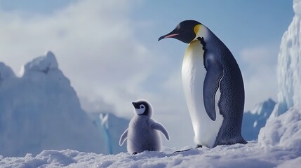 Fototapeta premium A majestic emperor penguin with its baby chick, standing on the snow-covered ground of Antarctica