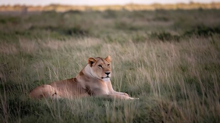 Fototapeta premium Lioness Resting in Grassy Field
