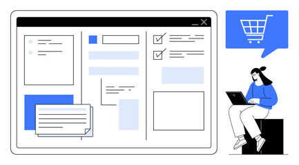 Woman using laptop with e-commerce web interface featuring shopping cart icon, multiple widgets, and checklists. Ideal for online retail, business management, e-commerce, web development, workflow