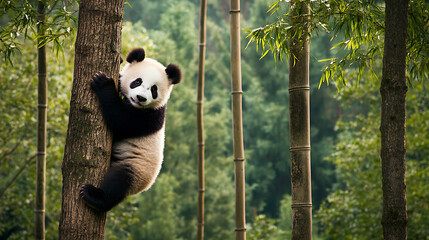 A baby panda clumsily climbing a tree, its round face and fluffy body standing out against the natural backdrop of bamboo, embodying the raw and endearing charm of wildlife