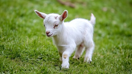 A newborn baby goat standing on a grassy field, its small, delicate features and playful stance depicted in a raw, natural environment, illustrating the early stages of life in the wild