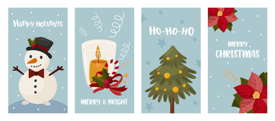 Set of Christmas social media template poster of vertical banners for stories, invitation in flat modern style. Cute illustration with snowman, candle, Christmas tree, poinsettia, text. 