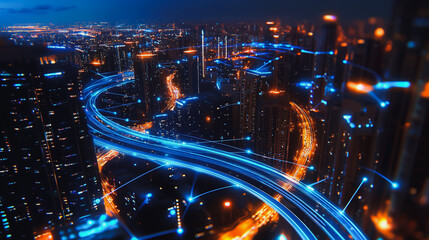 Smart digital city with connection cyber security network reciprocity over the cityscape . future smart wireless digital city and social media networking systems that connects people within the city