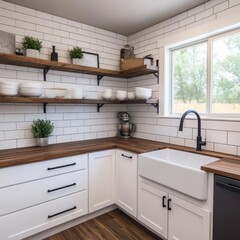 Modern kitchen with white subway tile backsplash, wood countertops, and open shelving.