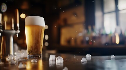 A raw and unfiltered image of a tall, ice cold beer with a frothy head, placed on a bar counter with scattered ice cubes around, evoking a sense of relaxation and refreshment