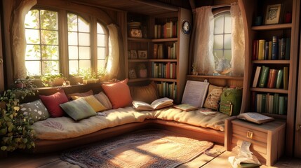 Cozy reading nook with large windows, bookshelves, and a comfy couch with pillows.