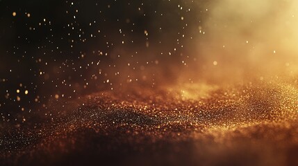 Background of golden light particles, creating an ethereal and dreamy atmosphere. The particles sparkle with golden hues against the dark backdrop
