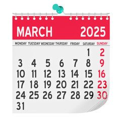 March 2025 Monthly Wall Calendar, 3D rendering isolated on transparent background